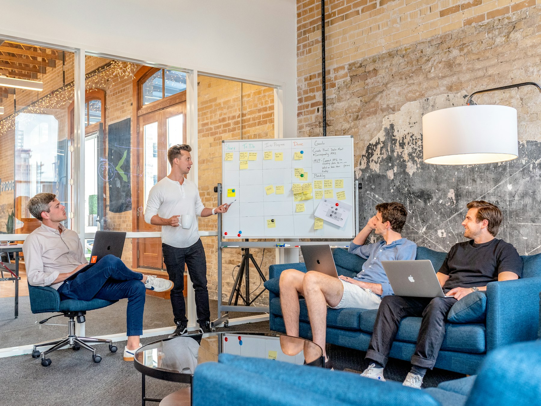 Marketing team discussing company strategy during a collaborative workshop