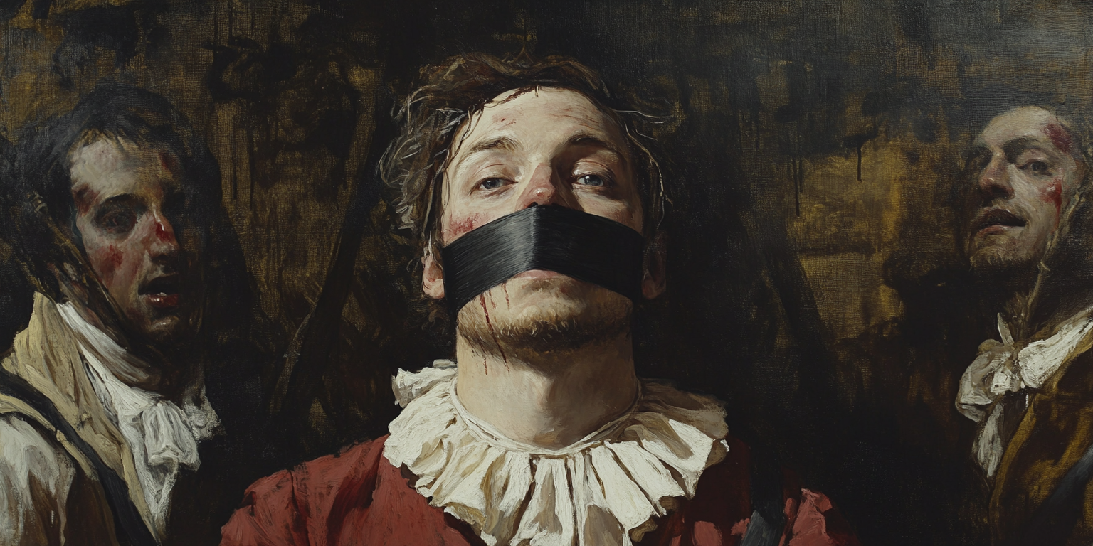 A man in historical clothing with a white ruffled collar and black tape over his mouth stands in the centre, flanked by two distressed figures, all set against a dark, dramatic background—an evocative scene highlighting silenced segments. Marketing Made Clear A man in historical clothing with a white ruffled collar and black tape over his mouth stands in the centre, flanked by two distressed figures, all set against a dark, dramatic background—an evocative scene highlighting silenced segments. Marketing Made Clear