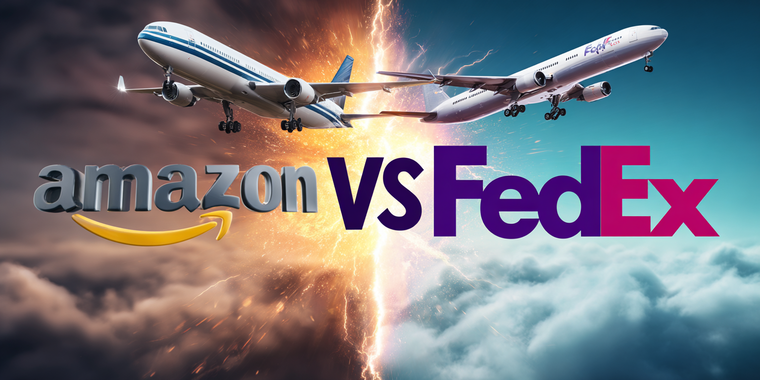 Two cargo aeroplanes, one with Amazon branding and one with FedEx branding, fly towards each other over dramatic clouds, separated by a glowing energy crack. The text reads “Amazon VS FedEx”. Marketing Made Clear