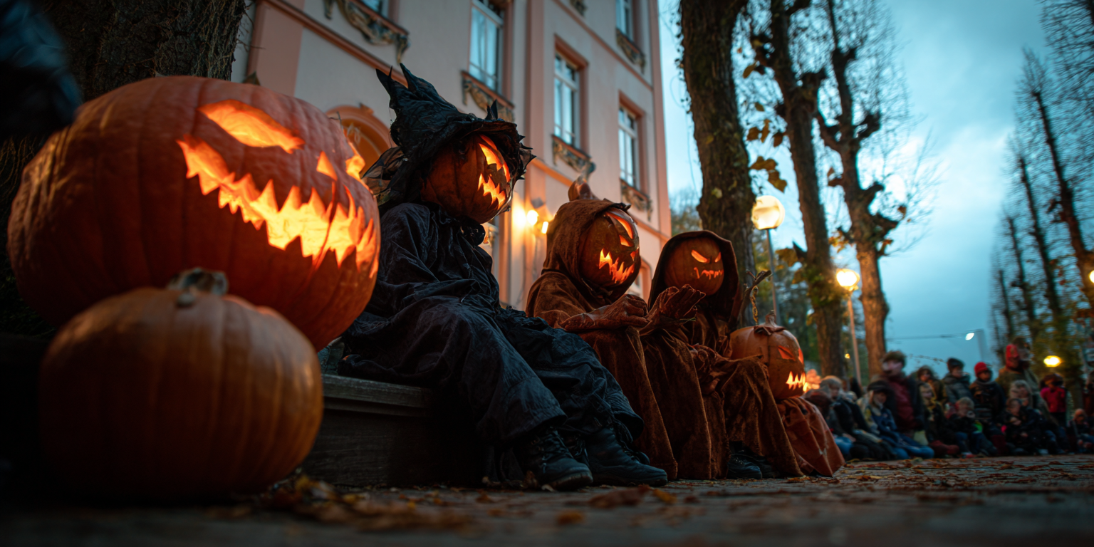 Illustration of a German castle transformed for Halloween with dramatic lighting and horror performers
