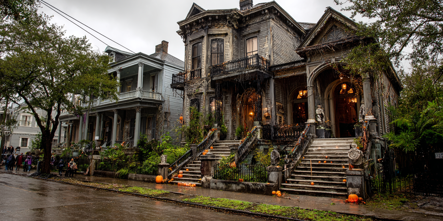 Illustration of Halloween celebrations in New Orleans with costumed crowds and French Quarter atmosphere