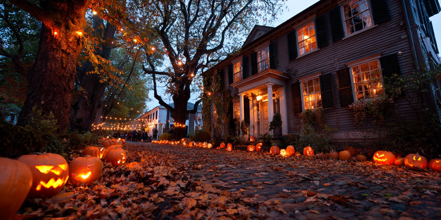 Illustration of Halloween celebrations and witch-themed tourism in Salem, Massachusetts
