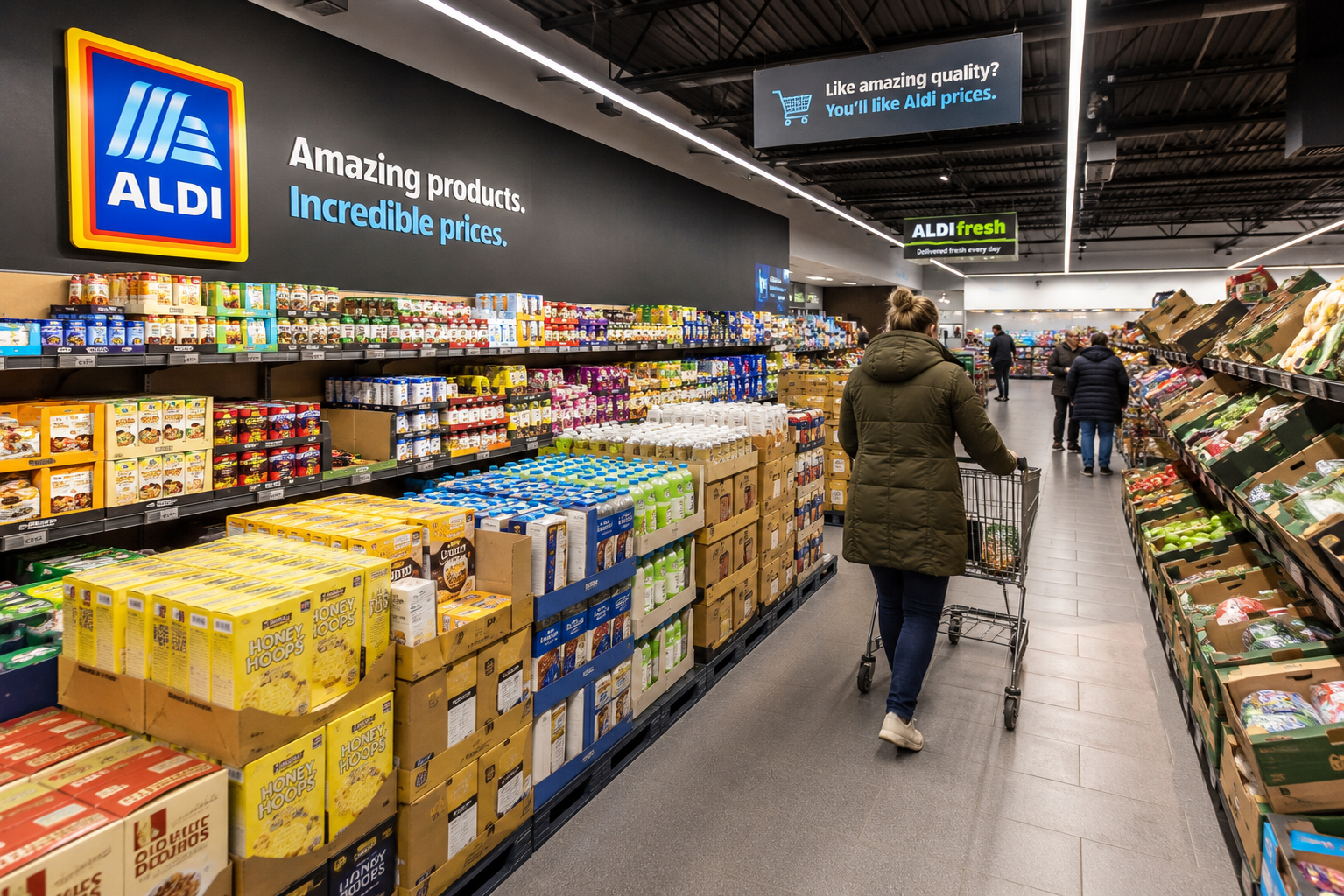 A person pushes a shopping trolley down a supermarket aisle at Aldi, passing shelves stocked with food items. Other shoppers are visible further down the aisle. Signs promote Aldi’s low prices and quality products. Marketing Made Clear A person pushes a shopping trolley down a supermarket aisle at Aldi, passing shelves stocked with food items. Other shoppers are visible further down the aisle. Signs promote Aldi’s low prices and quality products. Marketing Made Clear
