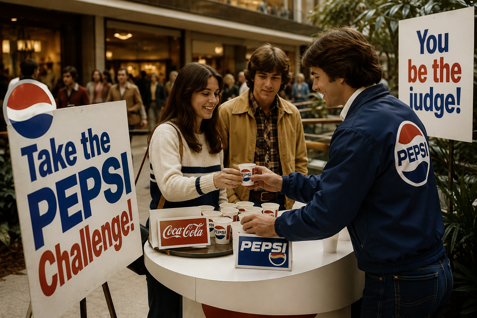 Three people participate in a Pepsi Challenge taste test at a shopping centre, with Pepsi and Coca-Cola cups on a table and signs reading “Take the Pepsi Challenge!” and “You be the judge!” nearby. Marketing Made Clear Three people participate in a Pepsi Challenge taste test at a shopping centre, with Pepsi and Coca-Cola cups on a table and signs reading “Take the Pepsi Challenge!” and “You be the judge!” nearby. Marketing Made Clear