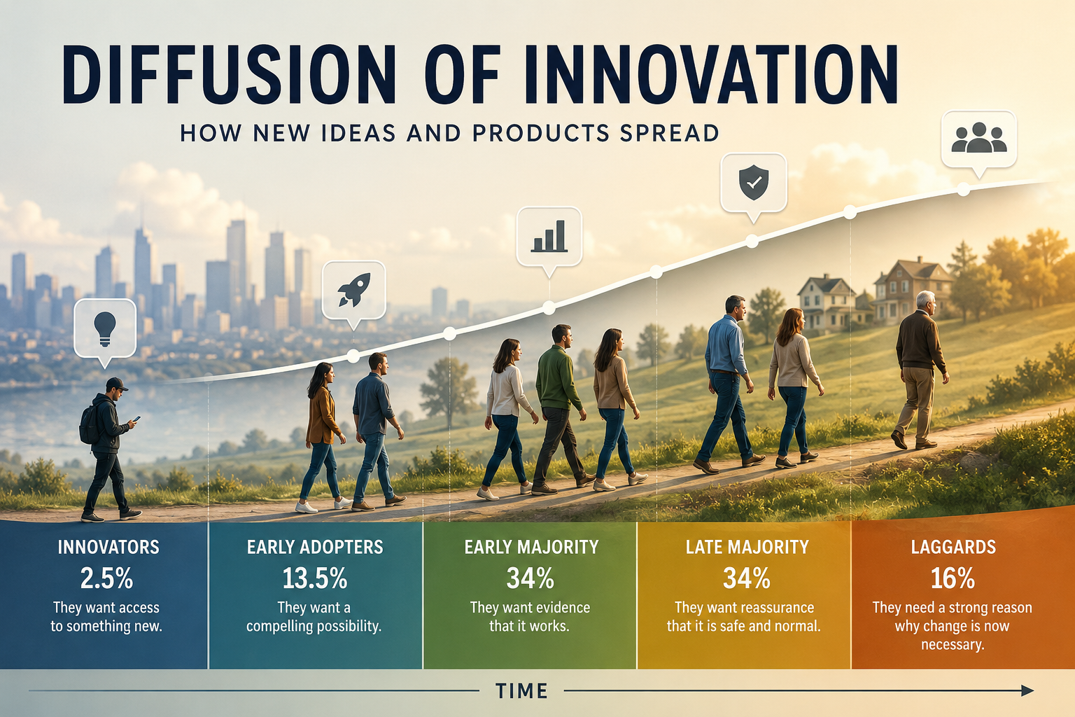 A graphic shows the Diffusion of Innovation curve, depicting Innovators, Early Adopters, Early Majority, Late Majority, and Laggards, each group's percentage, motives, and a timeline with people walking along a rising path. Marketing Made Clear