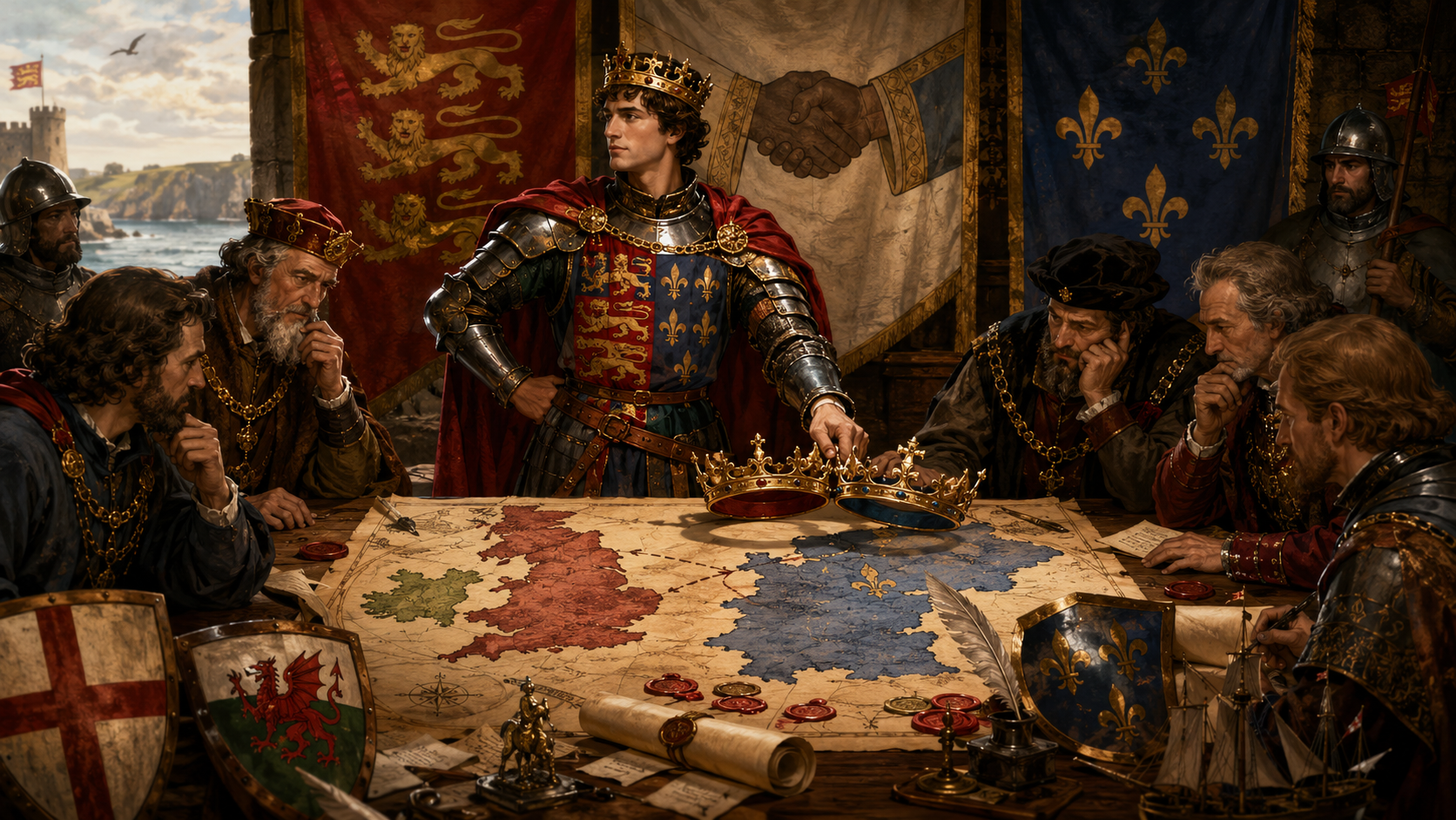 A mediaeval king in armour stands at a round table with a map, surrounded by advisers. He holds a crown, banners hang behind, and knights and nobles watch intently. A castle is visible through a window. Marketing Made Clear