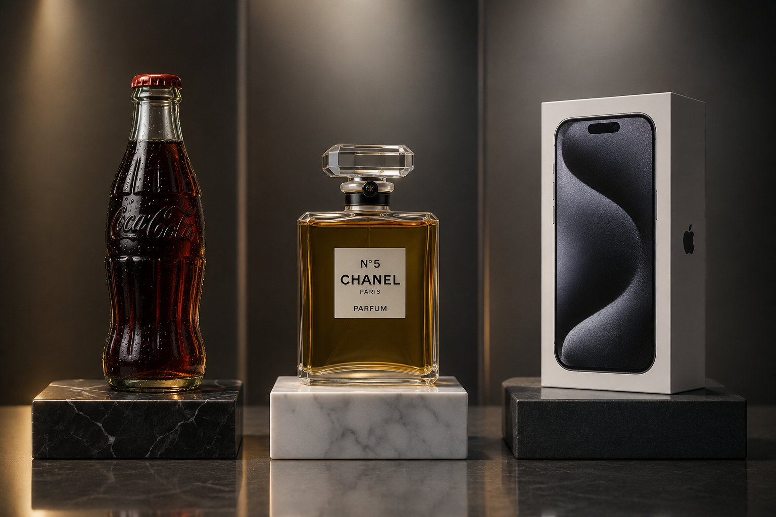 A glass Coca-Cola bottle, a Chanel No. 5 perfume bottle, and an iPhone box are displayed upright on separate stone plinths against a dark background with soft lighting. Marketing Made Clear