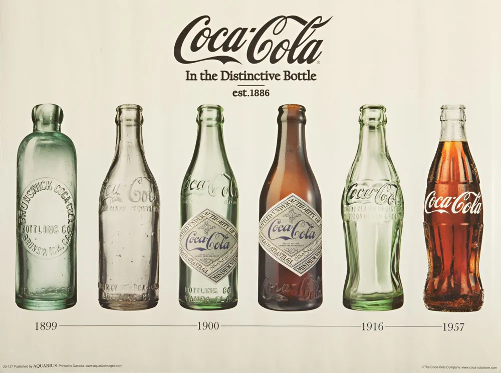 Six Coca-Cola bottles from 1899 to 1957 show the evolution of the bottle design, with changes in shape, colour, and branding, all under the Coca-Cola In the Distinctive Bottle header. Marketing Made Clear Six Coca-Cola bottles from 1899 to 1957 show the evolution of the bottle design, with changes in shape, colour, and branding, all under the Coca-Cola In the Distinctive Bottle header. Marketing Made Clear