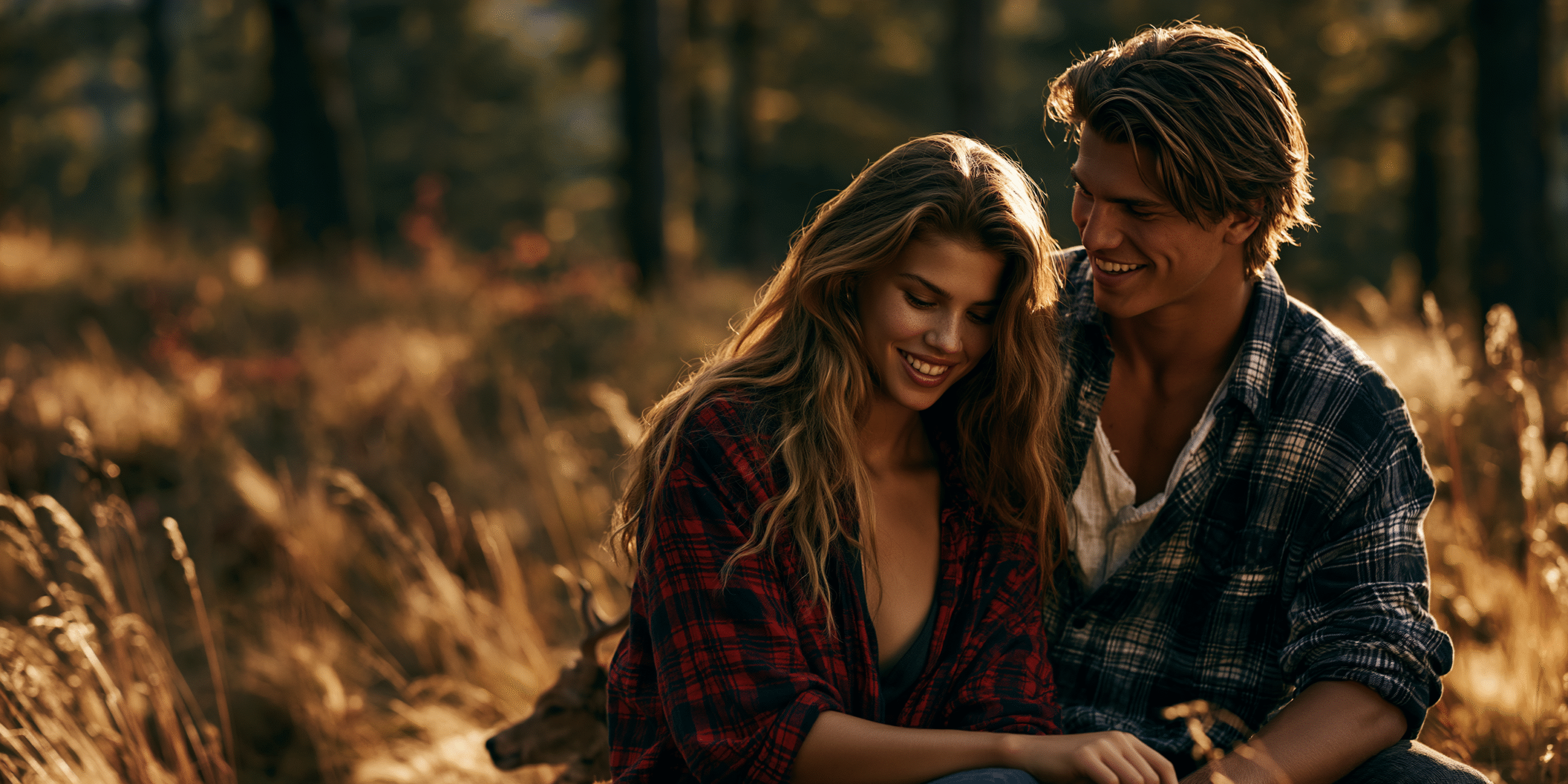 A smiling couple in checked shirts sits close together in a sunlit field with tall grass and trees in the background, enjoying a warm, peaceful moment outdoors. Marketing Made Clear