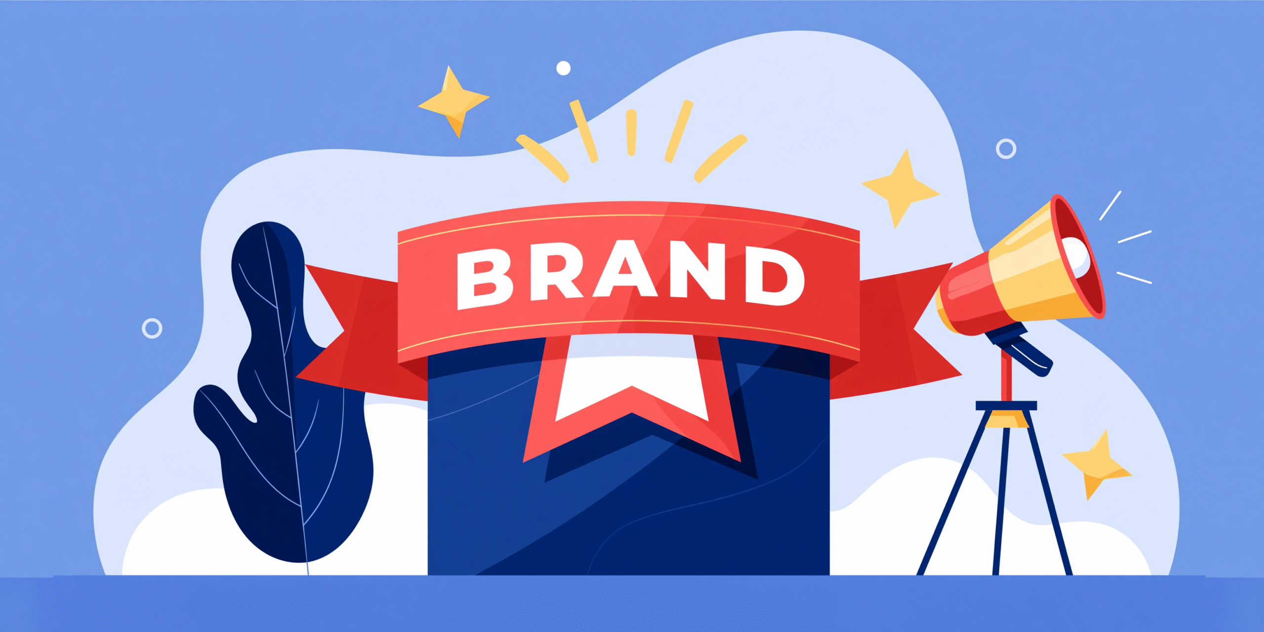A red banner labelled BRAND is displayed above a blue box, surrounded by stars, a dark plant silhouette, and a megaphone on a tripod against a blue abstract background. Marketing Made Clear A red banner labelled BRAND is displayed above a blue box, surrounded by stars, a dark plant silhouette, and a megaphone on a tripod against a blue abstract background. Marketing Made Clear