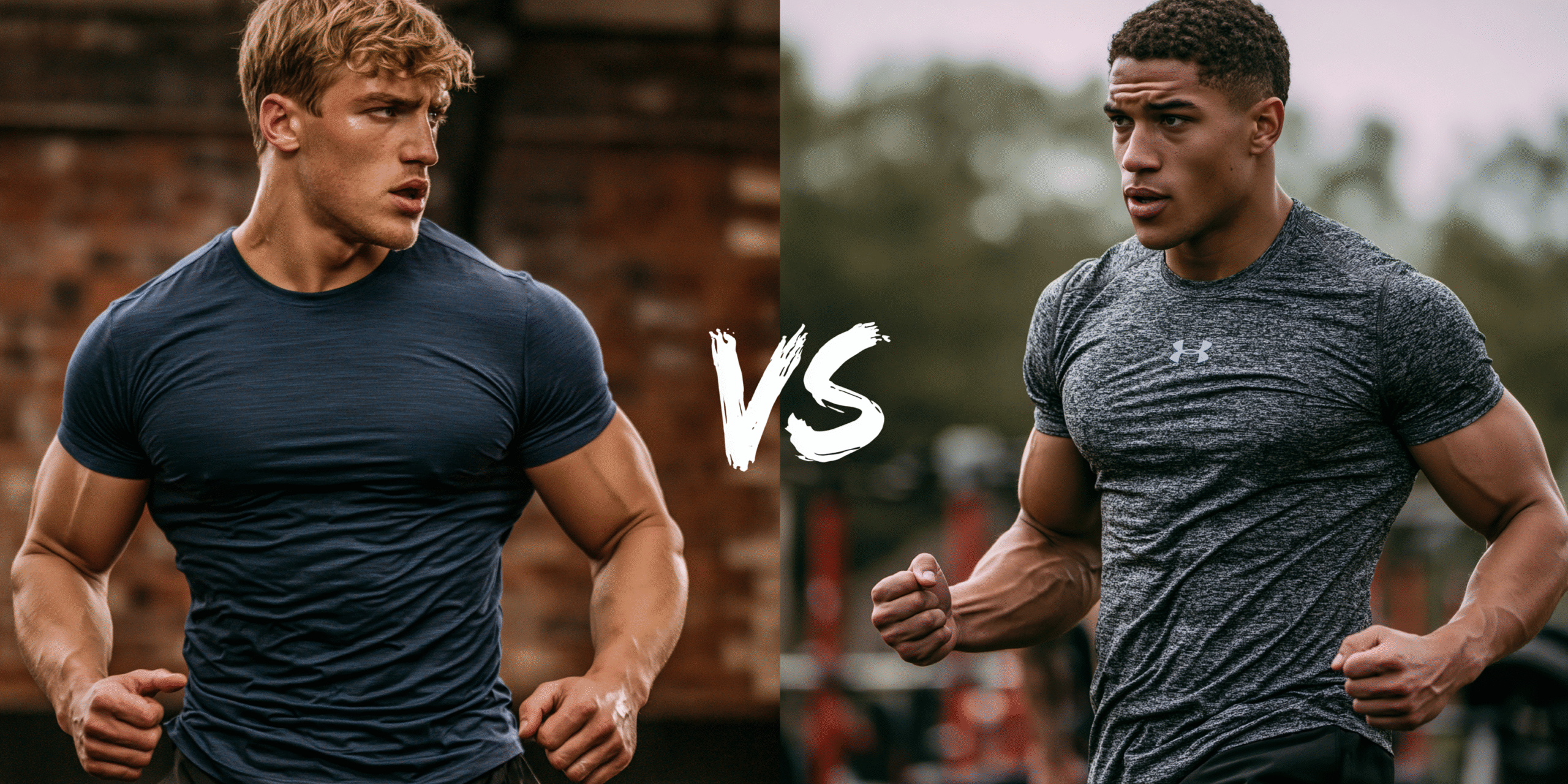 Two muscular men in athletic shirts stand in a gym setting, facing each other with intense expressions. A bold VS is centred between them, suggesting a competitive or versus scenario. Marketing Made Clear