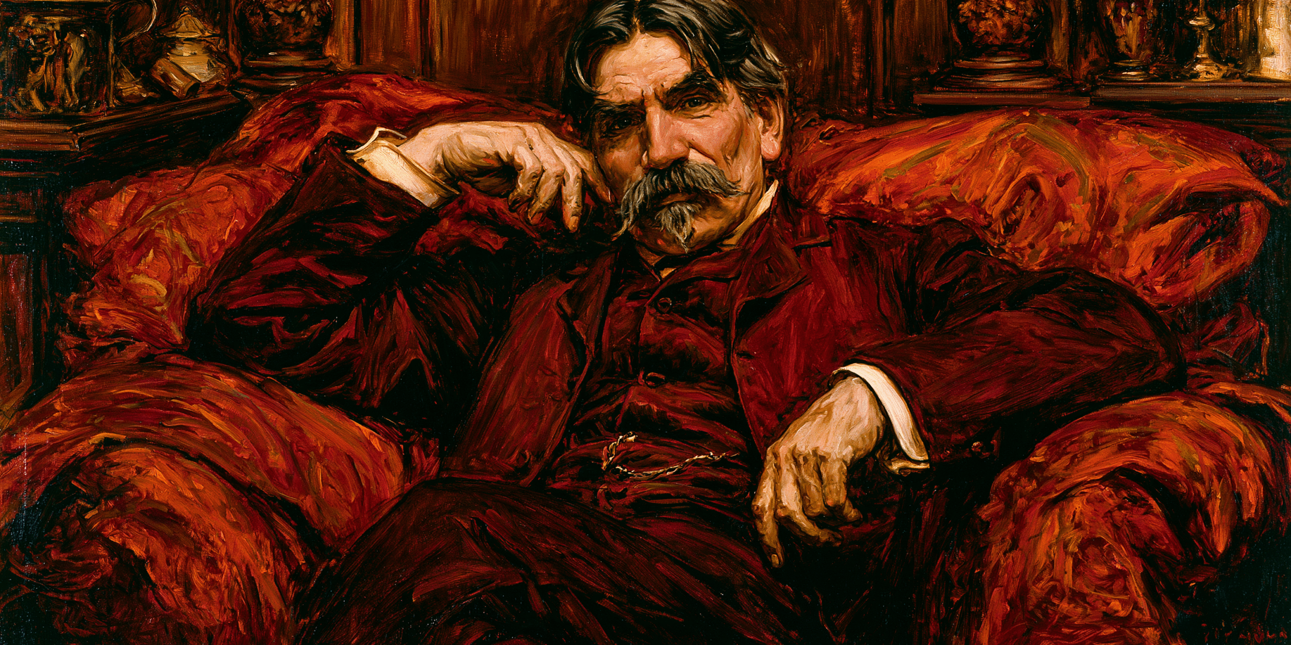 A man with a thick moustache and dark hair sits in a large red armchair, wearing a red velvet suit, gazing thoughtfully with his hand resting on his face in a warmly lit, elegant room. Marketing Made Clear