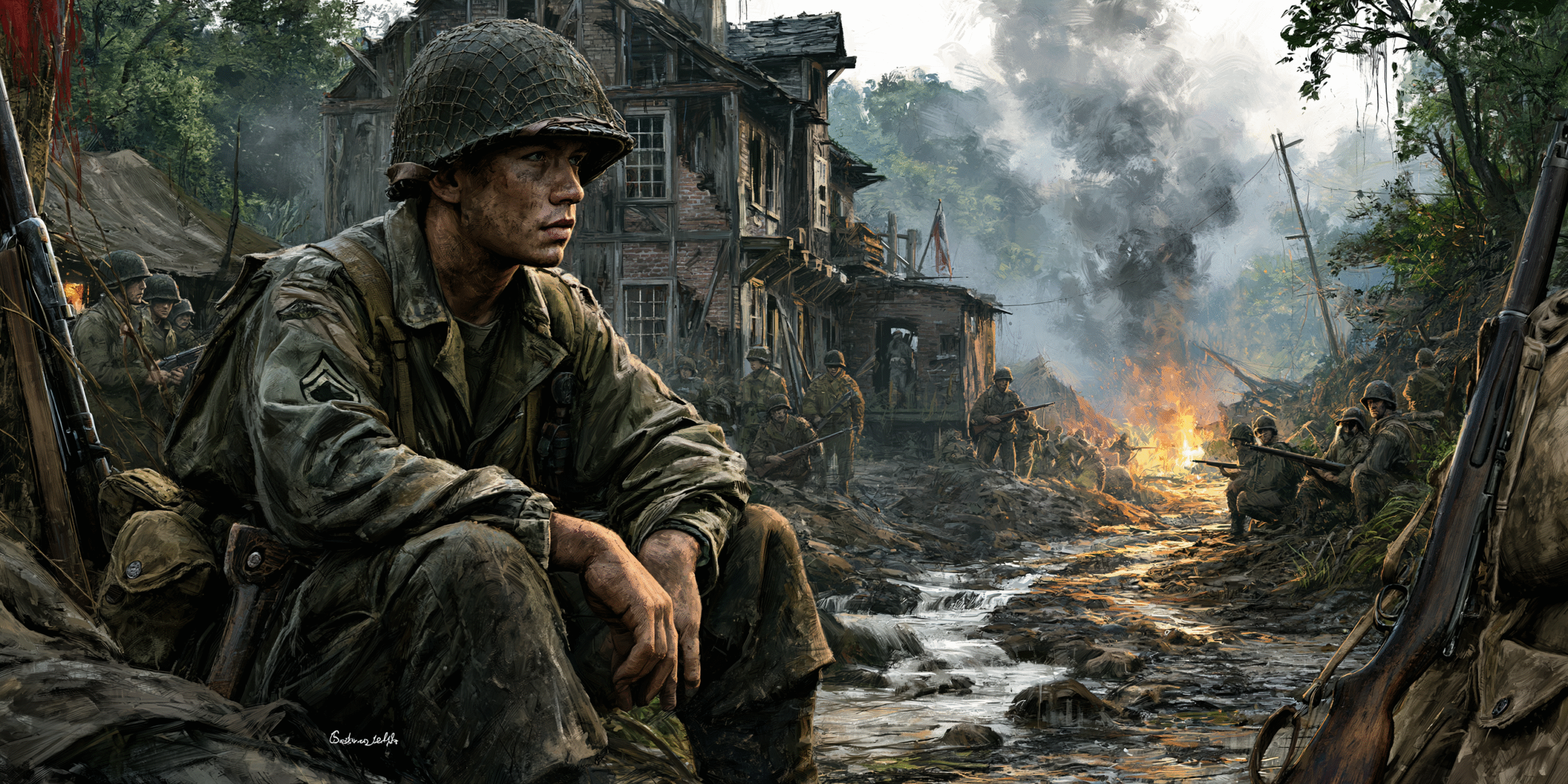 A soldier in Second World War gear sits by a stream, looking thoughtful. Other soldiers are scattered around a ruined village with smoke and fire in the background. Marketing Made Clear