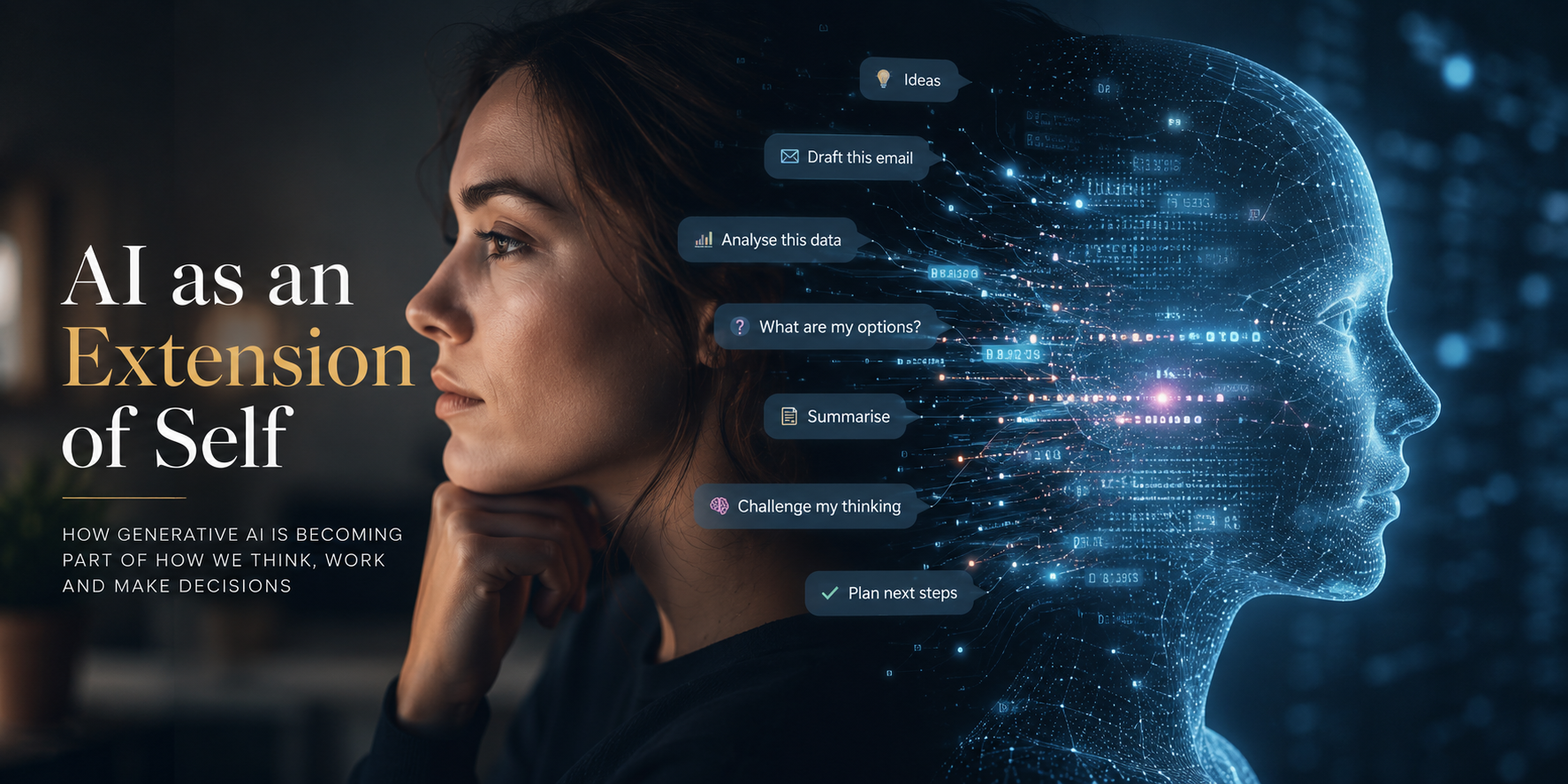A woman faces a digital, holographic version of herself. Speech bubbles show AI tasks like Draft this email and Analyse this data. Text reads: AI as an Extension of Self. The background is dark and futuristic. Marketing Made Clear A woman faces a digital, holographic version of herself. Speech bubbles show AI tasks like Draft this email and Analyse this data. Text reads: AI as an Extension of Self. The background is dark and futuristic. Marketing Made Clear