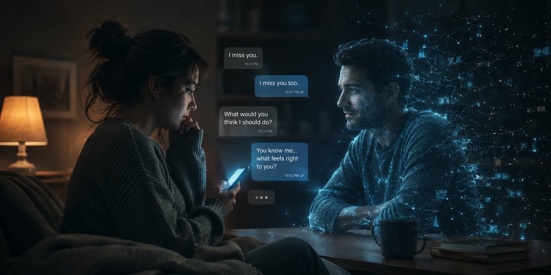 A woman texts on her phone at a table whilst a digital, hologram-like man sits opposite her. Their chat messages appear in the air between them, showing a long-distance or virtual relationship. Marketing Made Clear A woman texts on her phone at a table whilst a digital, hologram-like man sits opposite her. Their chat messages appear in the air between them, showing a long-distance or virtual relationship. Marketing Made Clear