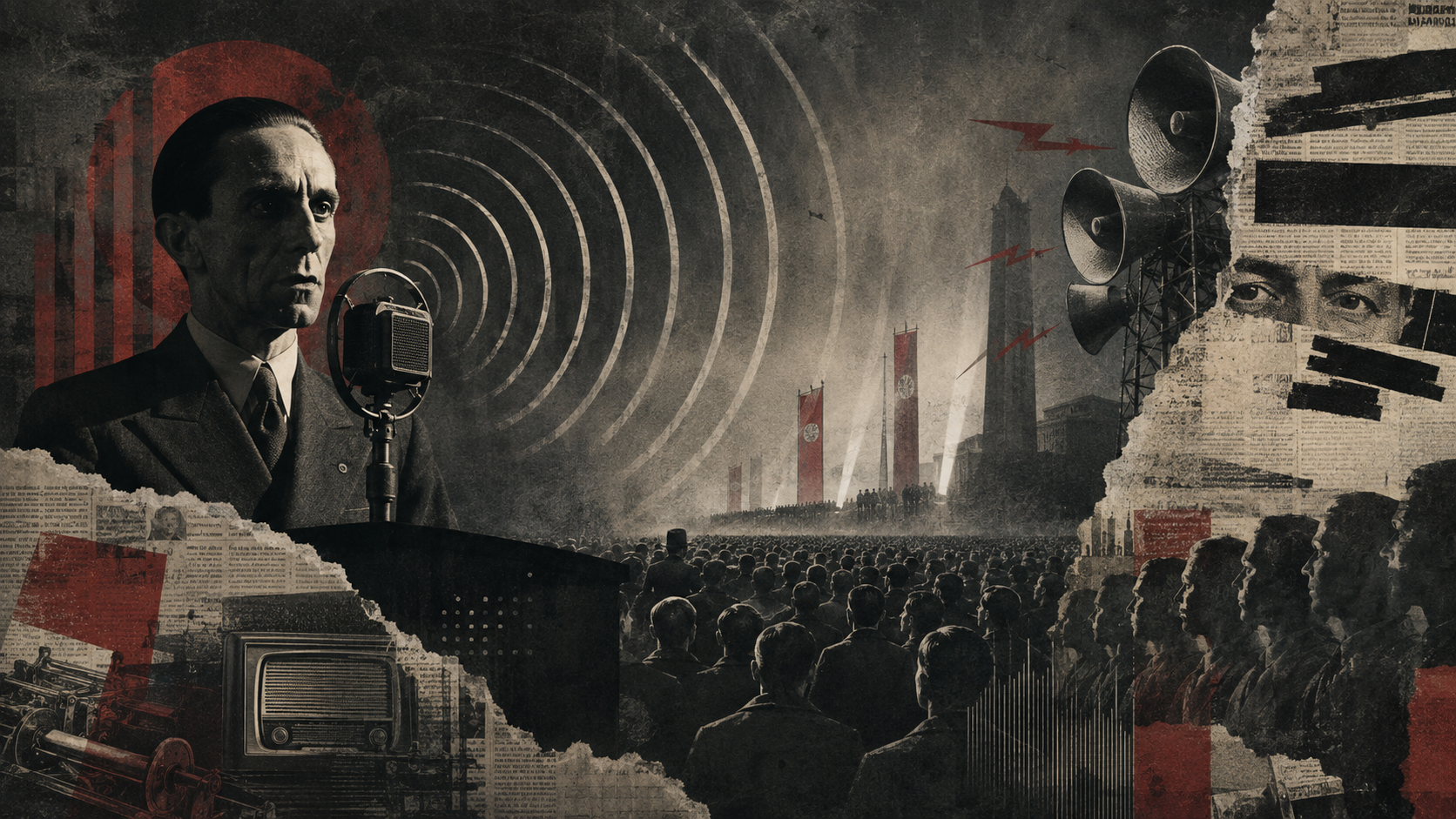 A dark, vintage-style collage shows a man at a microphone, Nazi banners, loudspeakers, crowds, radio, and torn newspaper edges, evoking themes of propaganda and mass communication in wartime Germany. Marketing Made Clear