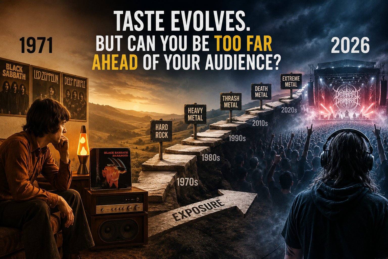 A man in 1971 listens to Black Sabbath, while a crowd in 2026 enjoys an extreme metal concert. An arrow shows rock genres evolving over decades, with the text: Taste evolves. But can you be too far ahead of your audience?. Marketing Made Clear