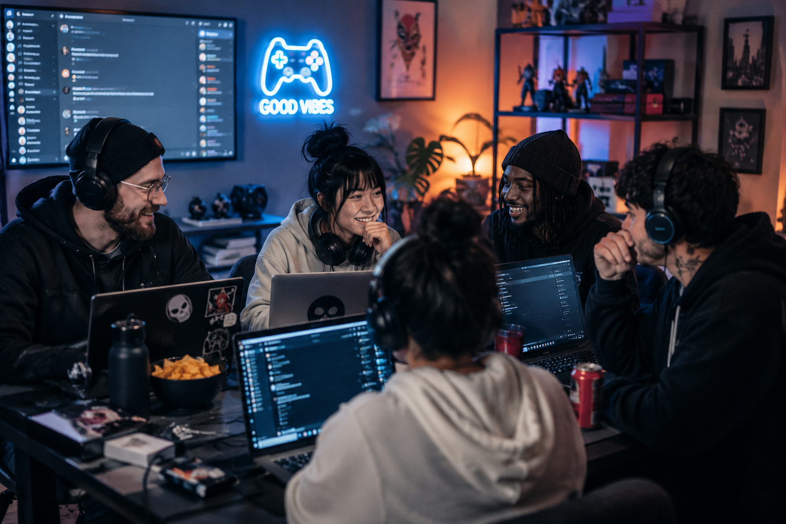 Group of gamers communicating together around computers and online community screens