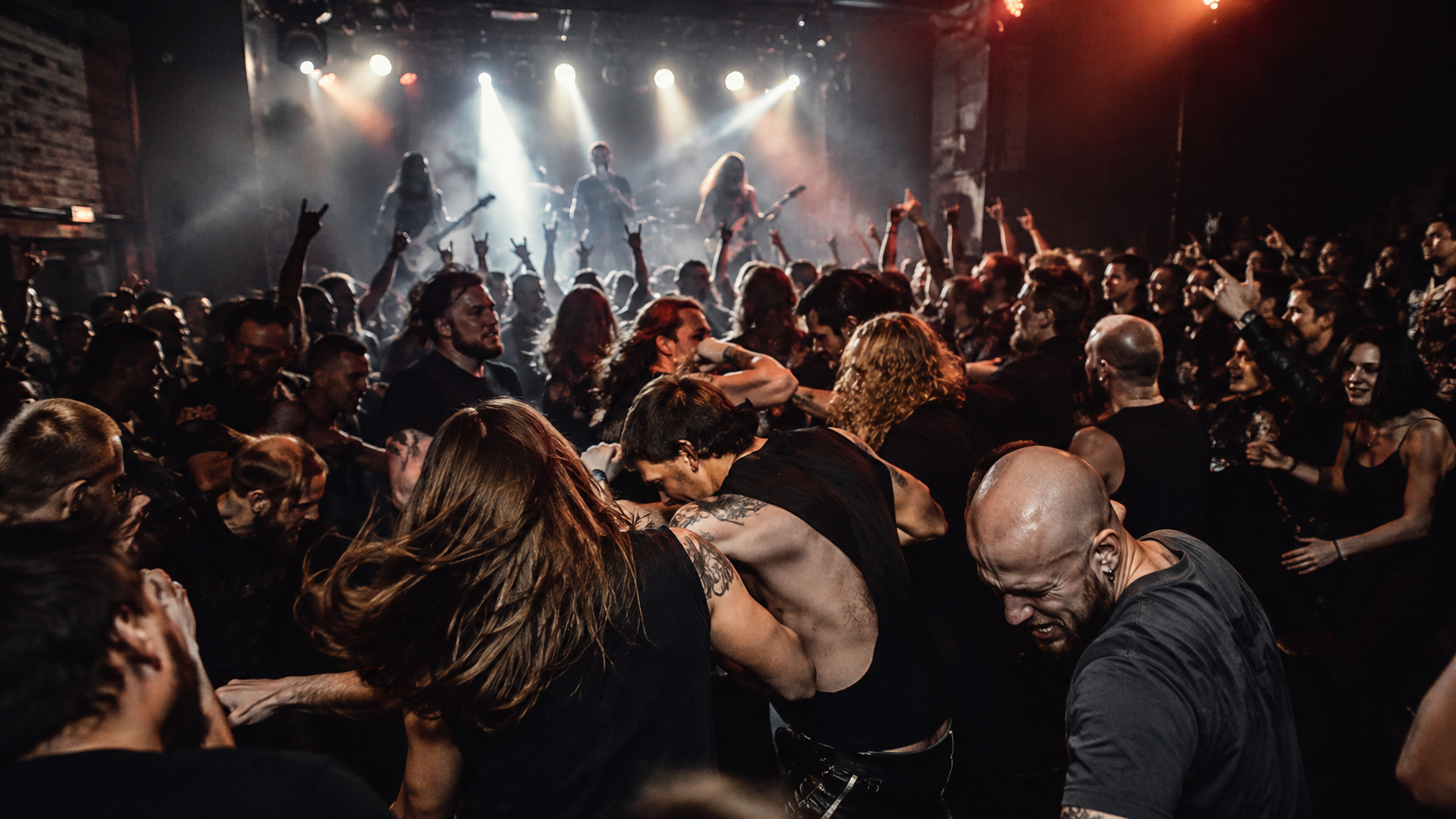 Crowd gathered in a mosh pit at a live metal concert, illustrating shared ritual and tribal behaviour