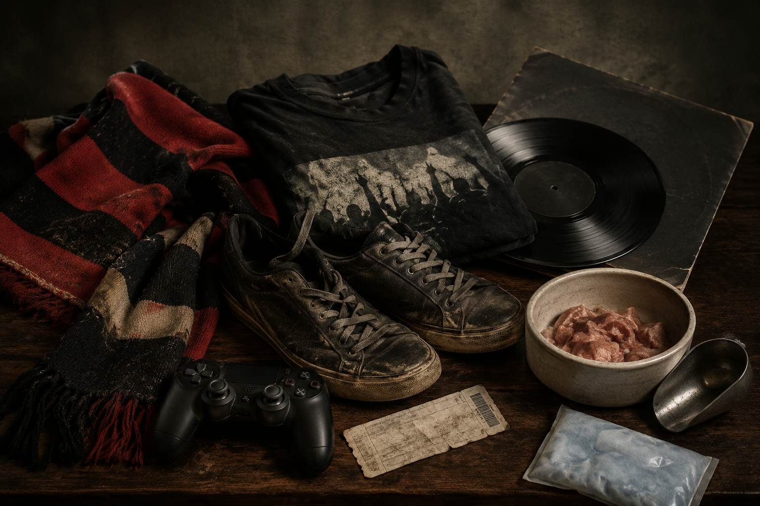 Collection of symbolic consumer objects including a football scarf, band shirt, vinyl record, trainers, games controller and dog food bowl