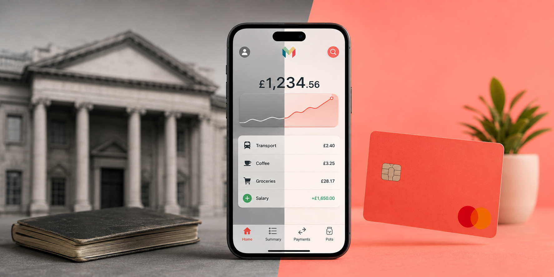 A smartphone displays a finance app, showing a £1,234.56 balance. Next to it is a coral bank card. The background is split: a greyscale bank building on the left and a modern coral tone with a plant on the right. Marketing Made Clear A smartphone displays a finance app, showing a £1,234.56 balance. Next to it is a coral bank card. The background is split: a greyscale bank building on the left and a modern coral tone with a plant on the right. Marketing Made Clear