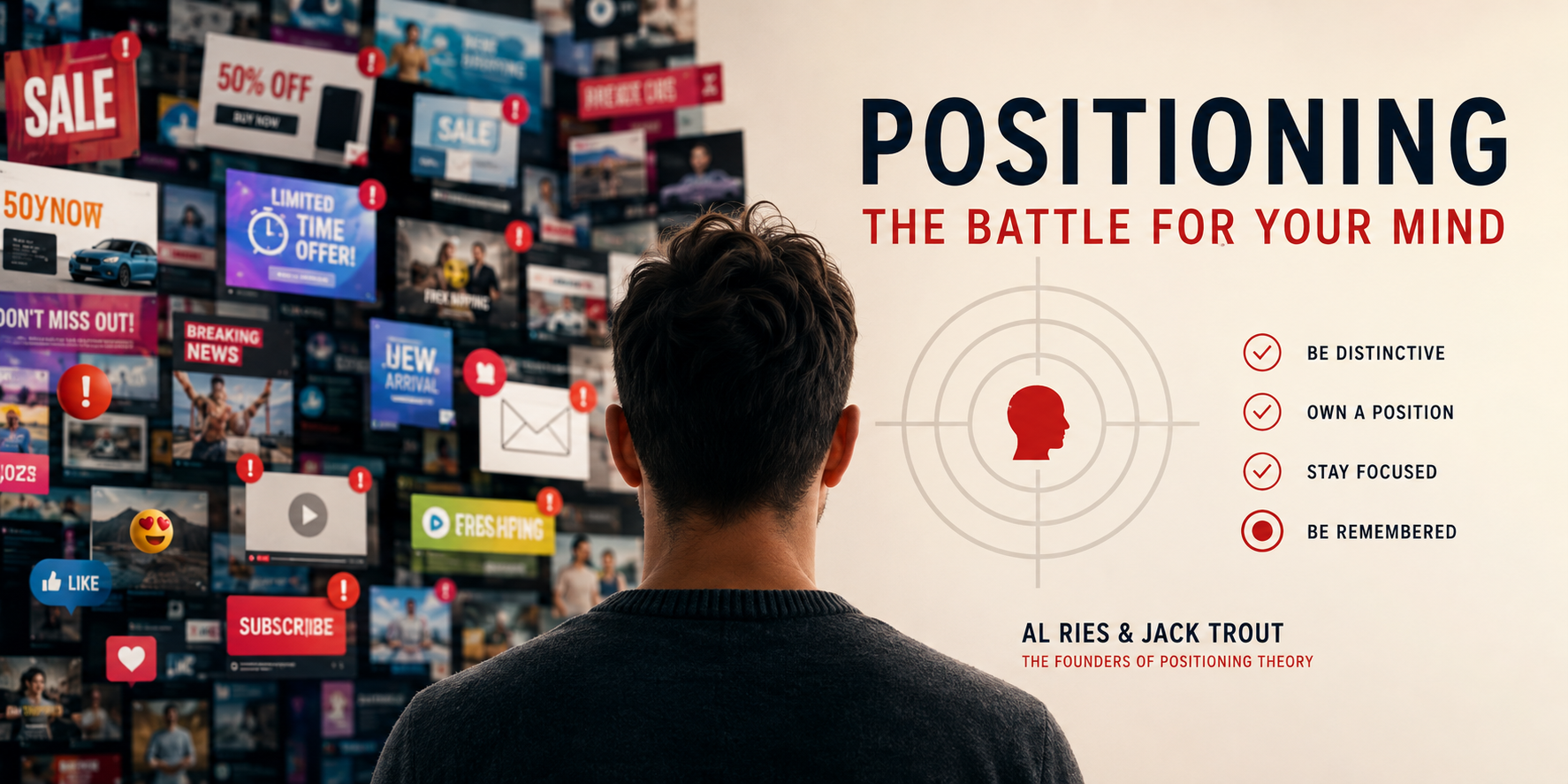 A person stands facing a wall of digital screens showing adverts and notifications. Text reads: Positioning: The Battle for Your Mind, with tips on being distinctive, focused, and remembered. Marketing Made Clear A person stands facing a wall of digital screens showing adverts and notifications. Text reads: Positioning: The Battle for Your Mind, with tips on being distinctive, focused, and remembered. Marketing Made Clear