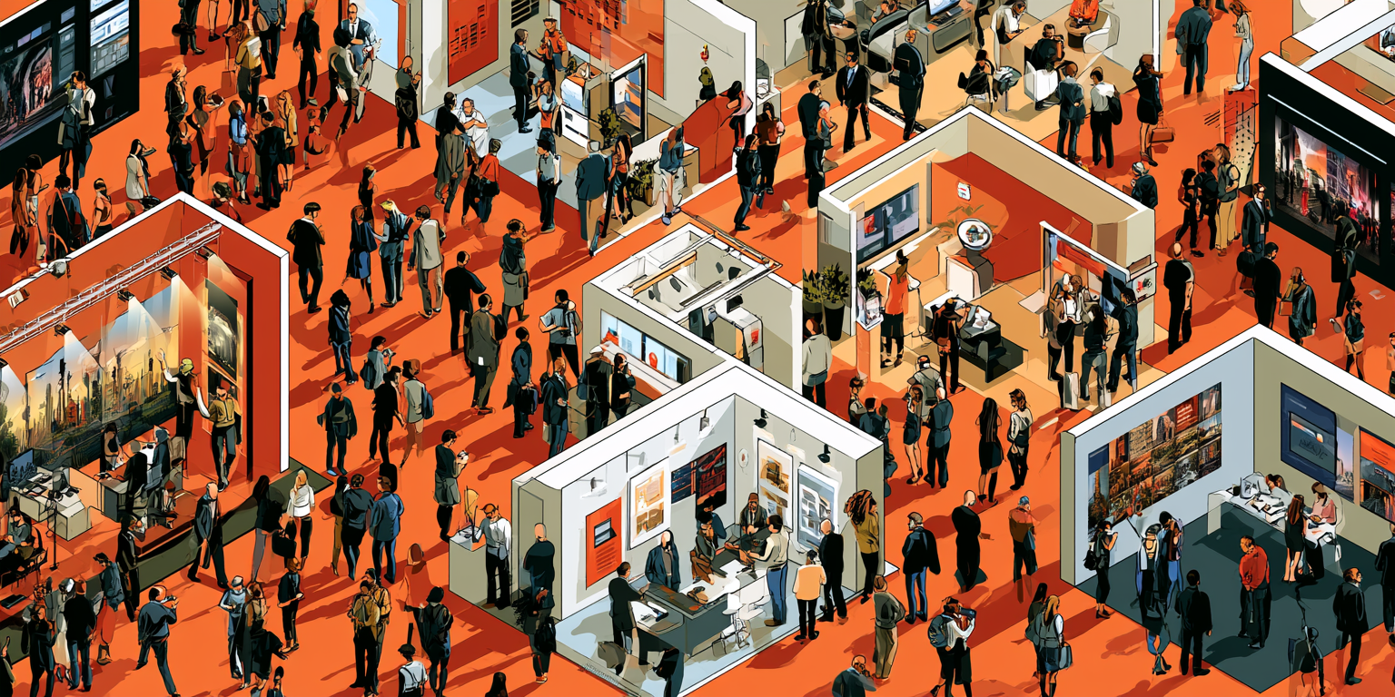 Illustration of a busy consumer exhibition filled with stands, visitors and competing brand activity
