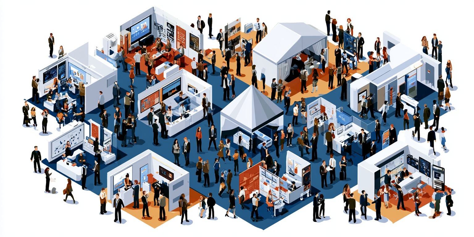 Illustration of a busy indoor expo or conference, with many people networking, visiting stands, looking at displays, and talking in small groups throughout the event space. Marketing Made Clear Illustration of a busy indoor expo or conference, with many people networking, visiting stands, looking at displays, and talking in small groups throughout the event space. Marketing Made Clear