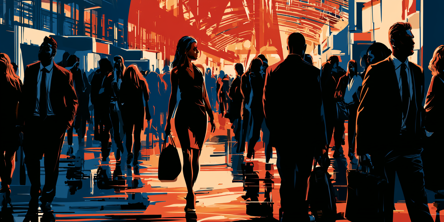 Stylised illustration of visitors moving through a crowded exhibition hall