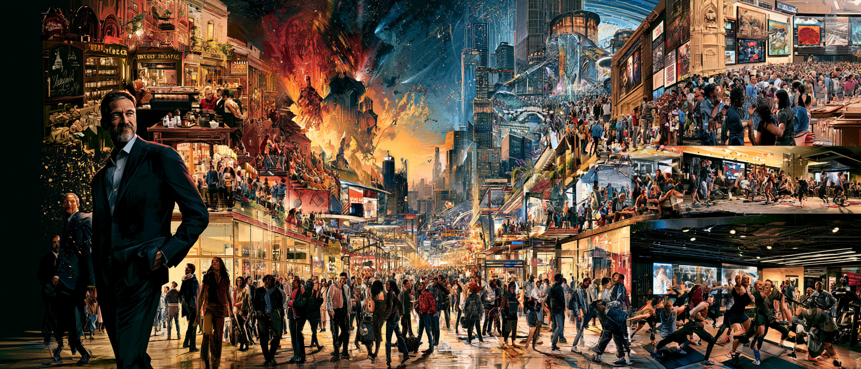 A well-dressed man stands in a bustling city filled with crowds, chaos, burning buildings, and digital screens, blending scenes of urban life, disaster, and entertainment. Marketing Made Clear