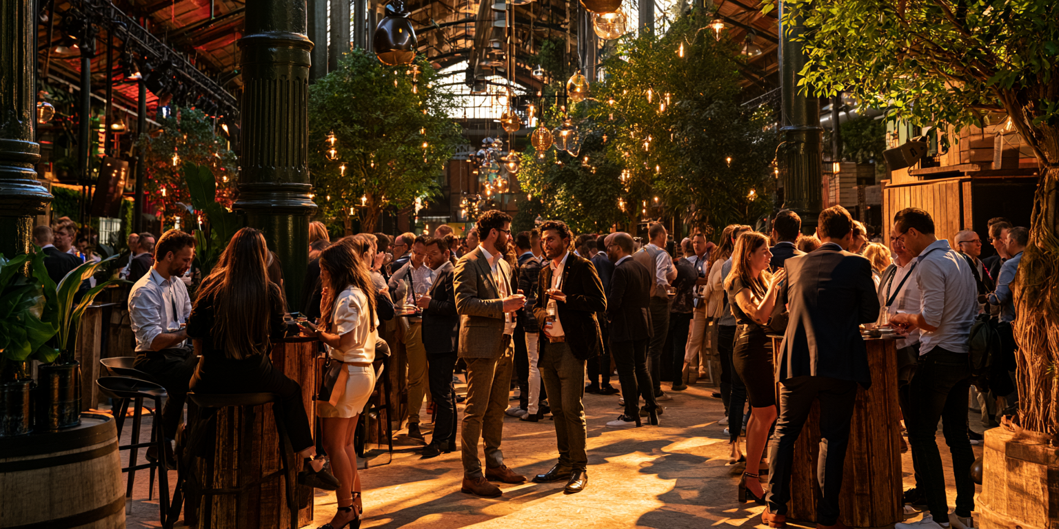A lively branded gathering where attendees meet and talk in person