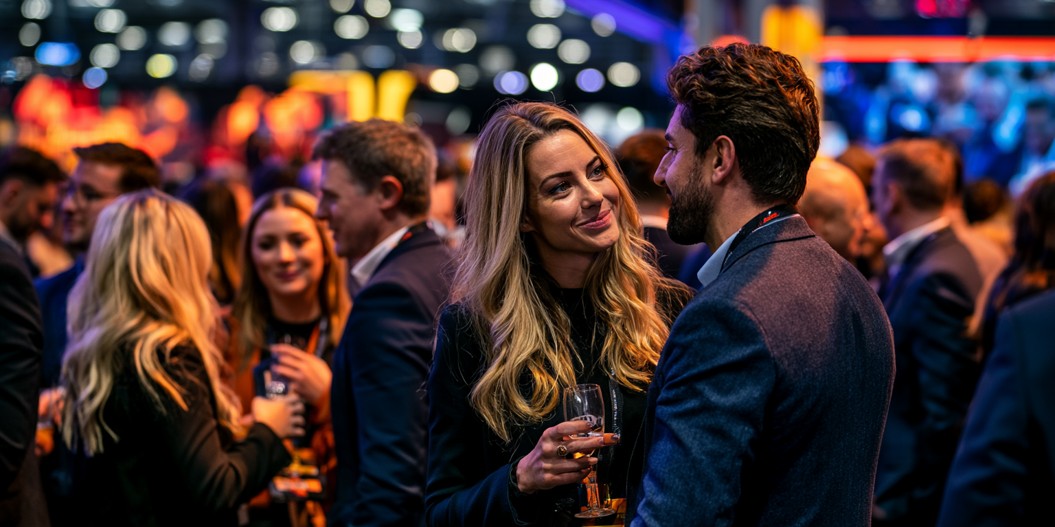 Two attendees having a face-to-face conversation at a busy modern event