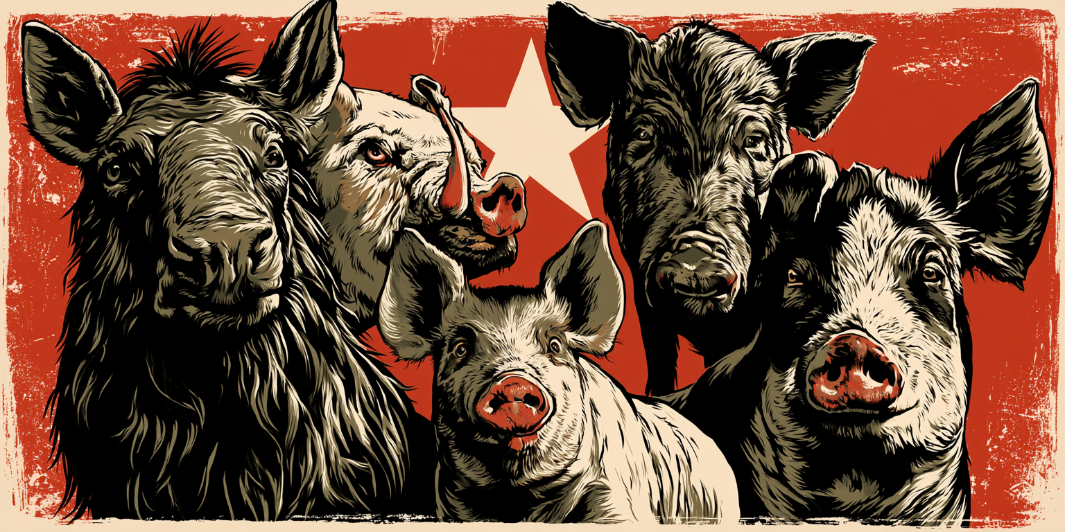 Animal Farm inspired revolutionary propaganda artwork featuring Orwellian farm animals