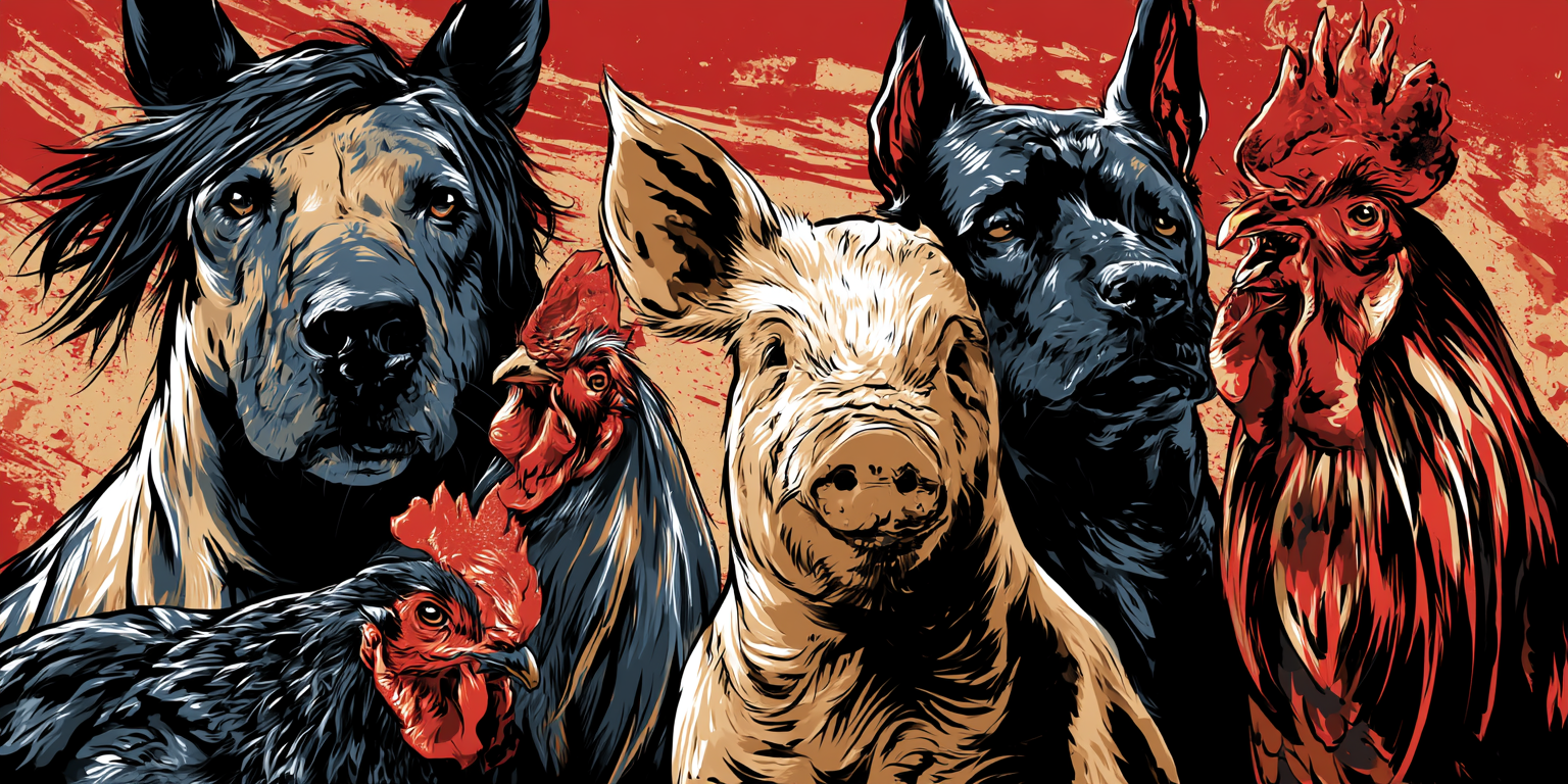 Animal Farm propaganda inspired illustration representing slogans, political conformity and group identity