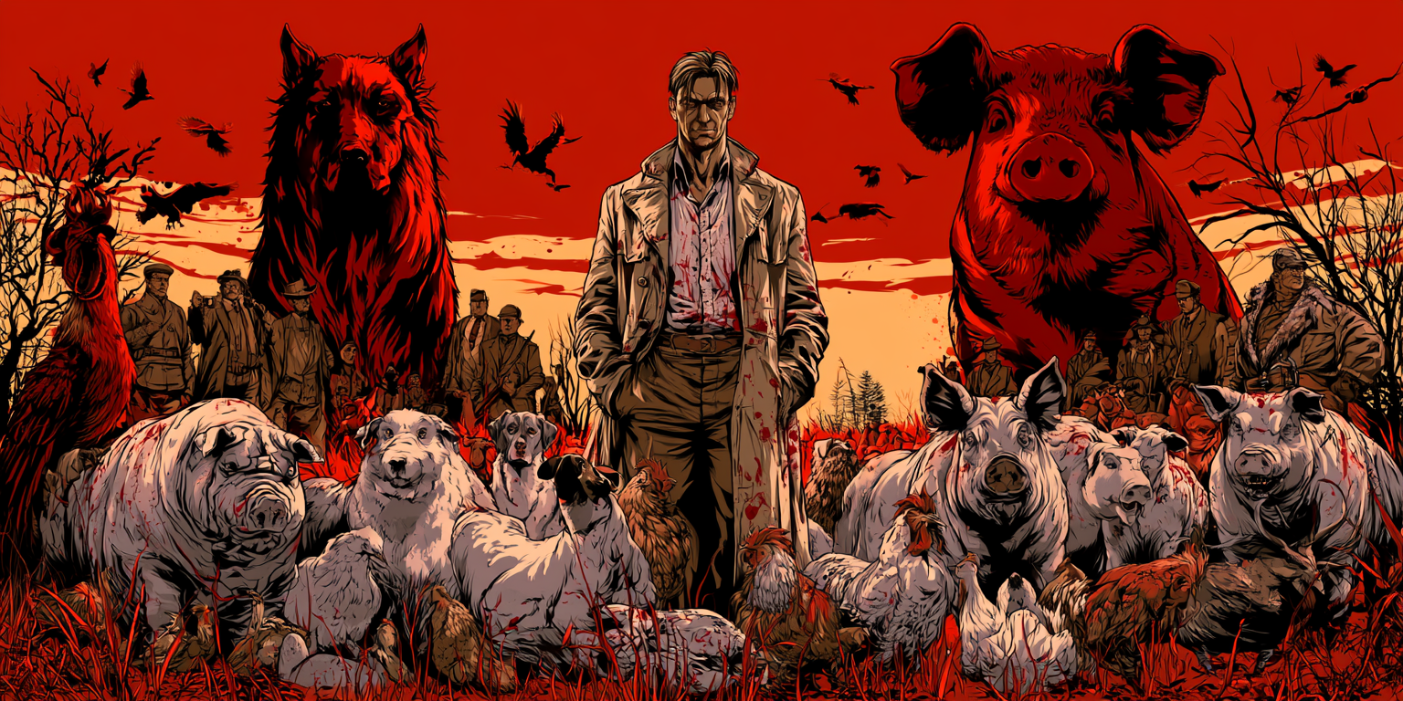 Dark Animal Farm inspired illustration representing control, memory and the rewriting of rules