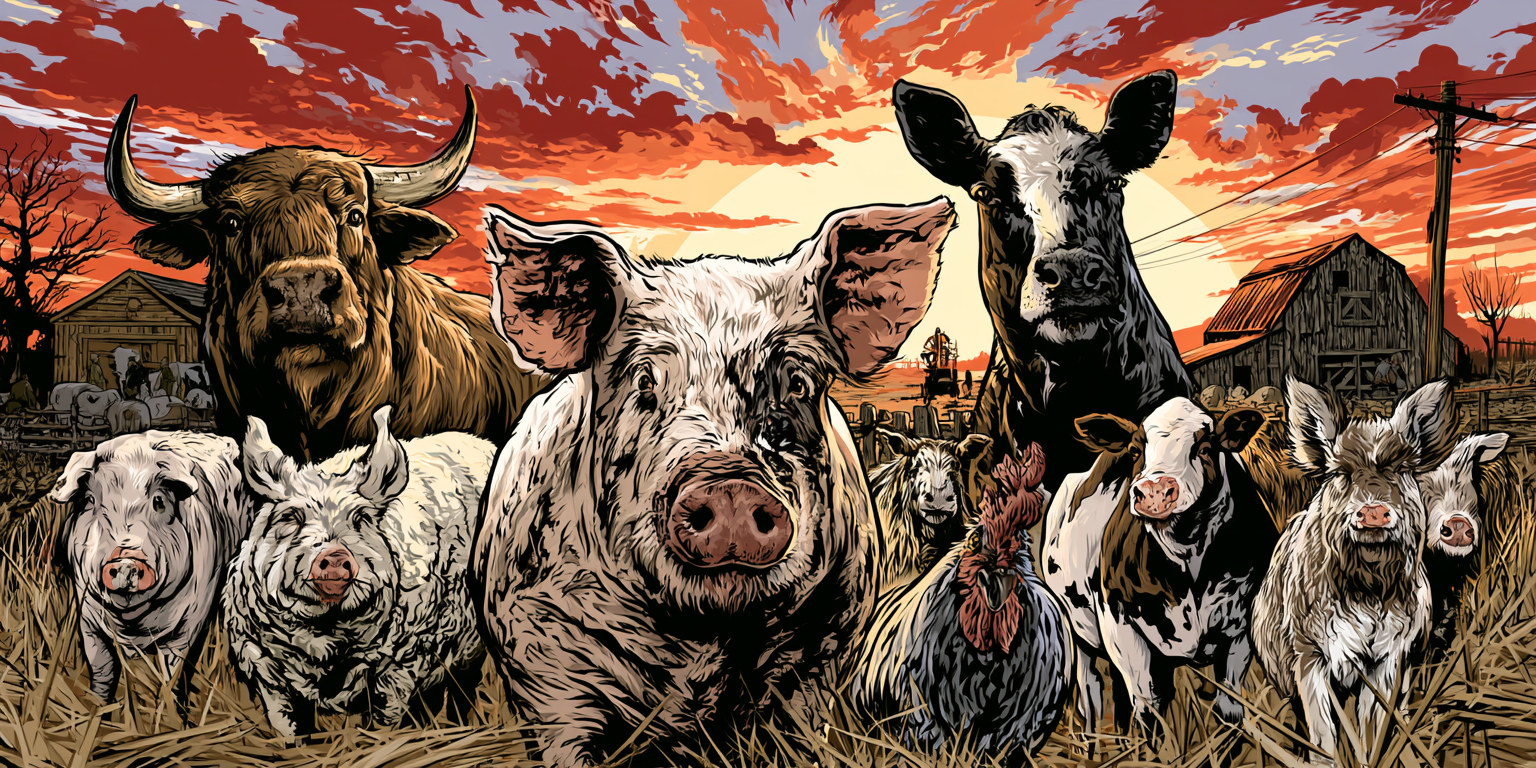 A group of pigs, cows, a bull, and a cockerel stand in a straw-filled farmyard at sunset, with barns and dramatic clouds in the background. Marketing Made Clear A group of pigs, cows, a bull, and a cockerel stand in a straw-filled farmyard at sunset, with barns and dramatic clouds in the background. Marketing Made Clear
