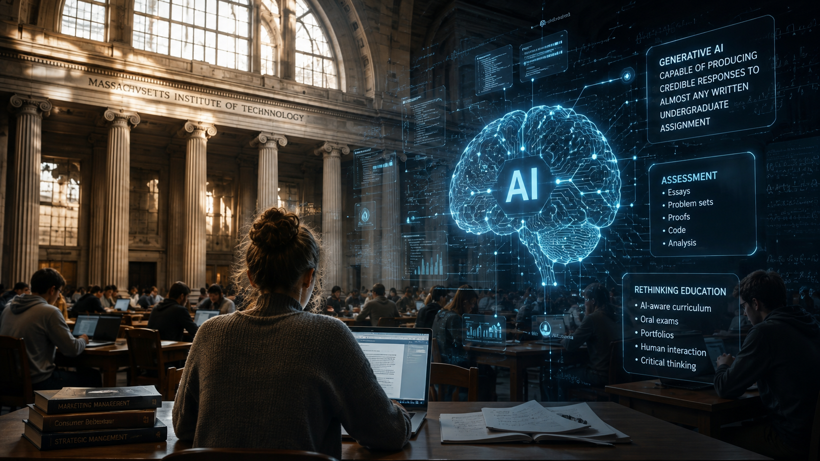 A student studies in a grand library with AI graphics showing educational uses, including essay writing and assessment, highlighting how AI impacts learning at a university. Marketing Made Clear