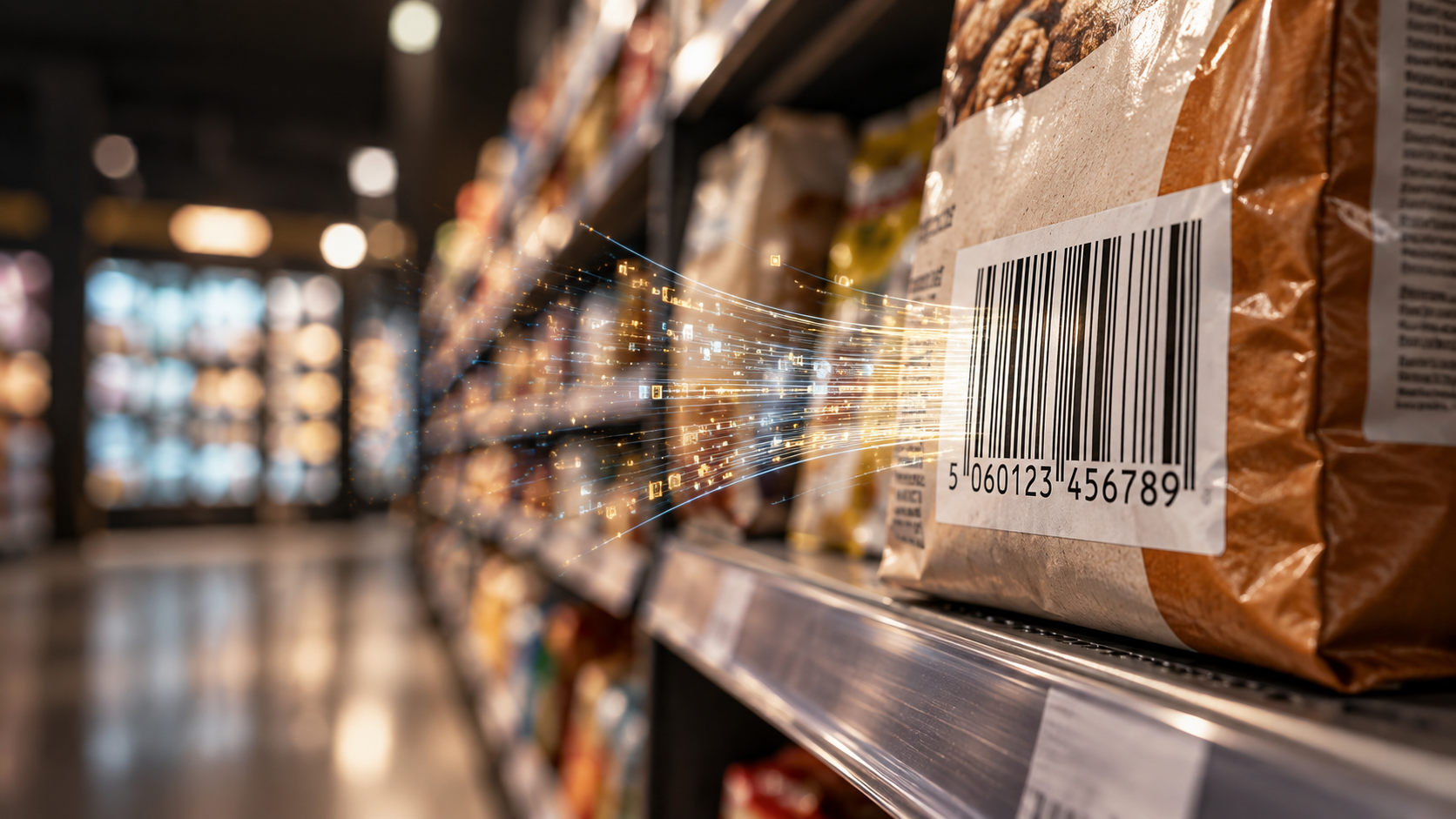 Barcode on a supermarket product transforming into digital data, illustrating how barcodes connect physical products to retail information