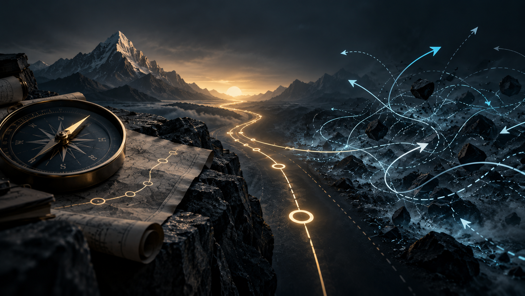 A compass and map rest on rocky ground beside a glowing path leading through mountains at sunset, with digital arrows and lines symbolising direction and complex decision-making. Marketing Made Clear