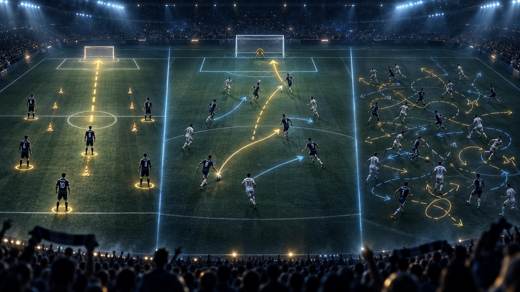 Football tactics illustration showing static direction, coordinated progress and chaotic movement