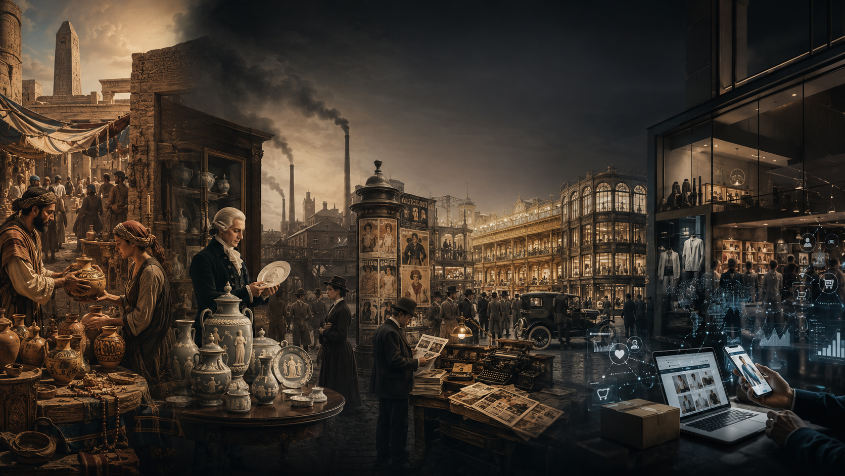 A split-scene shows an ancient marketplace, an industrial-era city, and a modern tech office, illustrating the evolution of commerce through time. Marketing Made Clear