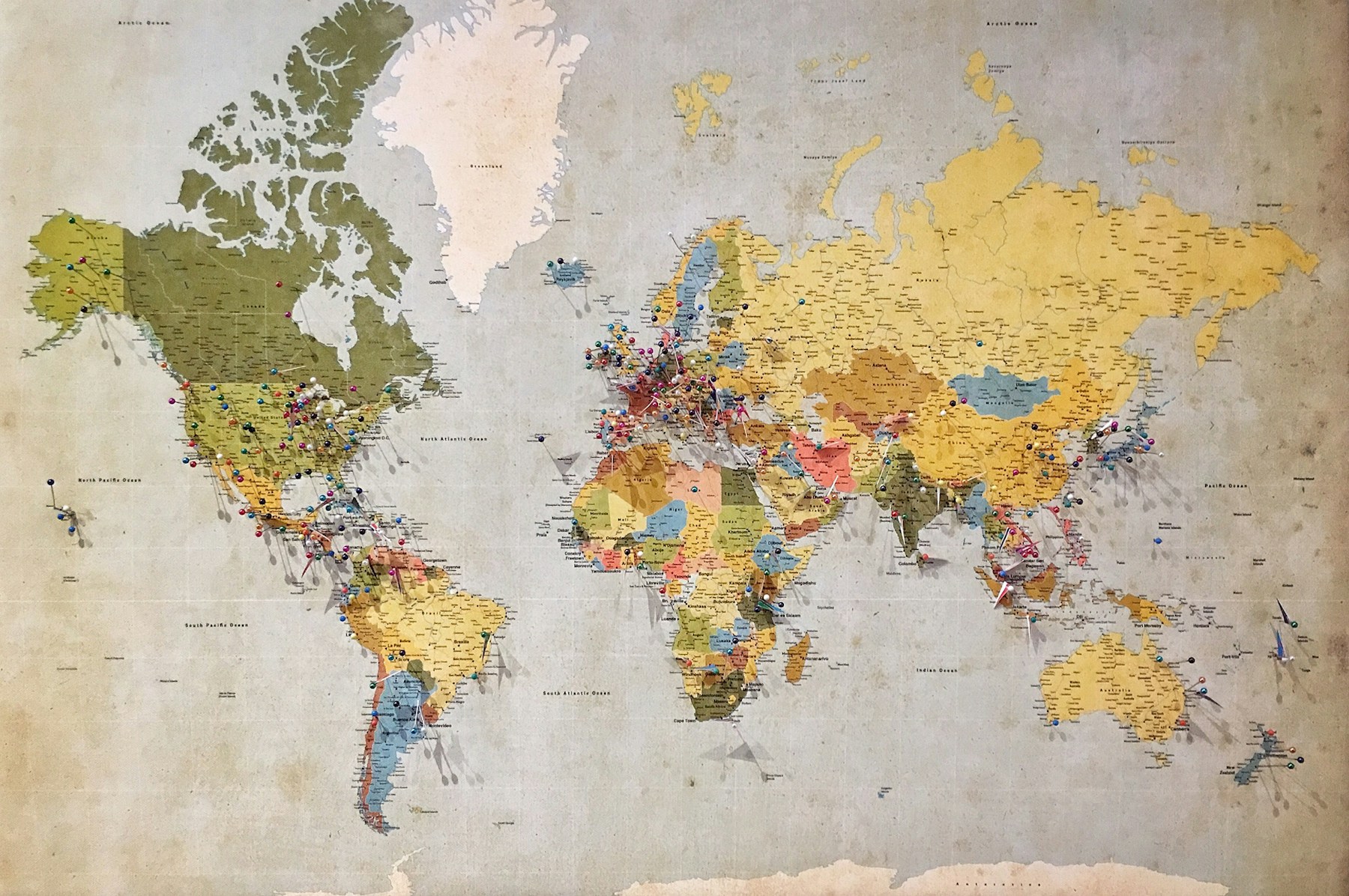 A world map marked with locations, representing international marketing and translation