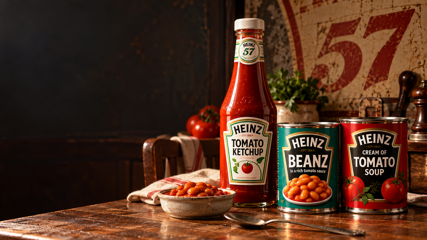 Heinz ketchup, baked beans and tomato soup showing distinctive Heinz packaging and the 57 brand asset
