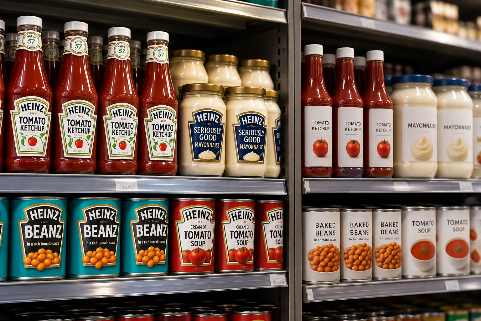 Heinz branded ketchup, mayonnaise, baked beans and tomato soup beside generic packaging on a supermarket shelf