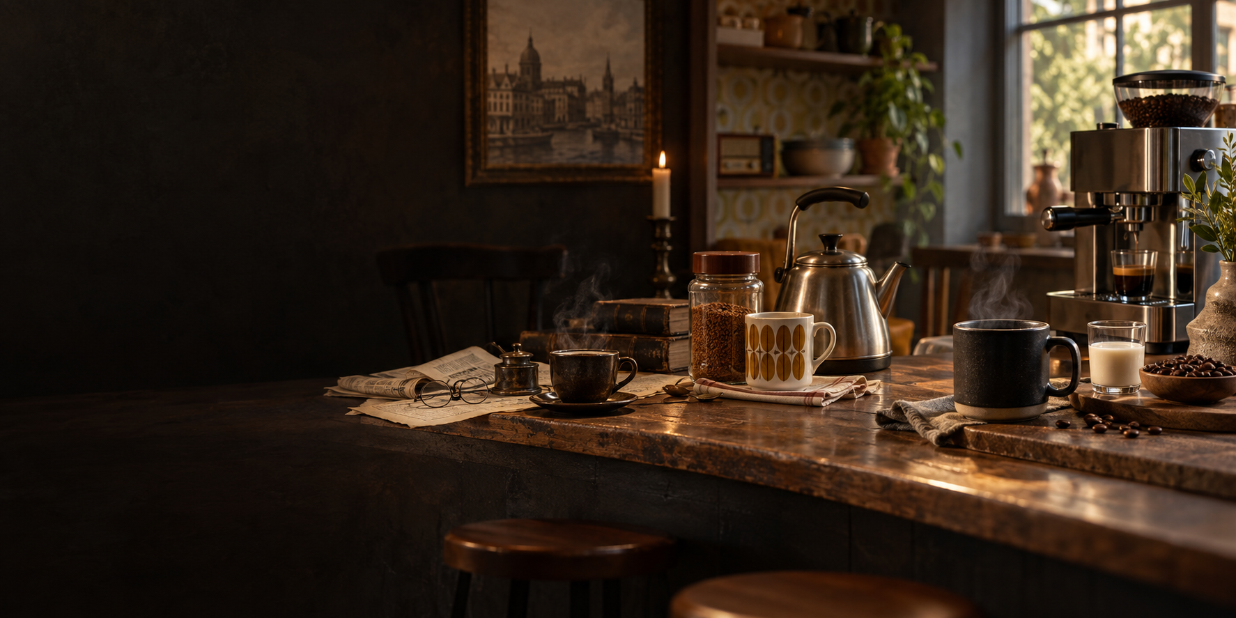 Coffee culture evolving across a historic coffeehouse, instant coffee at home and a modern espresso setup.