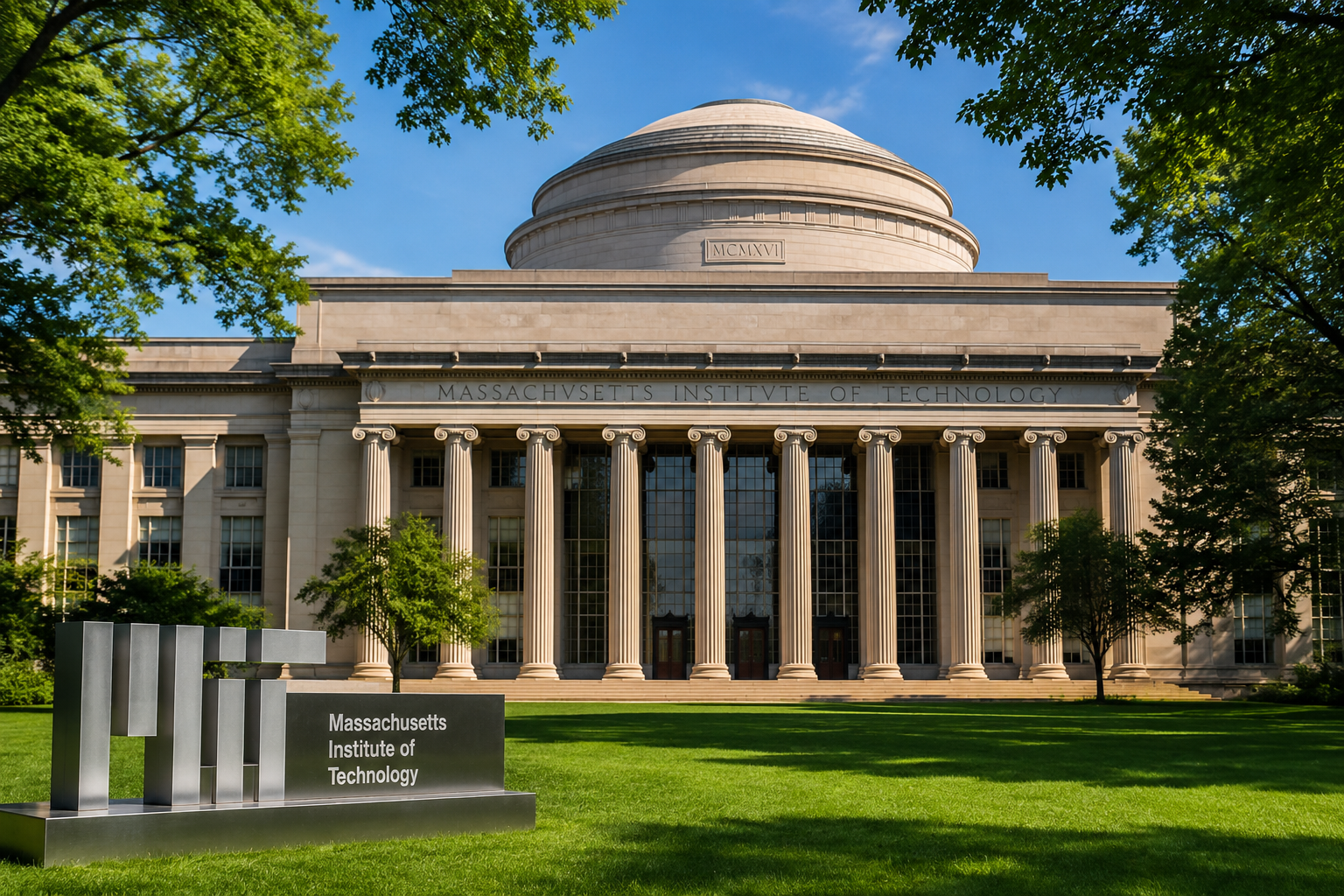 MIT Great Dome framed by greenery