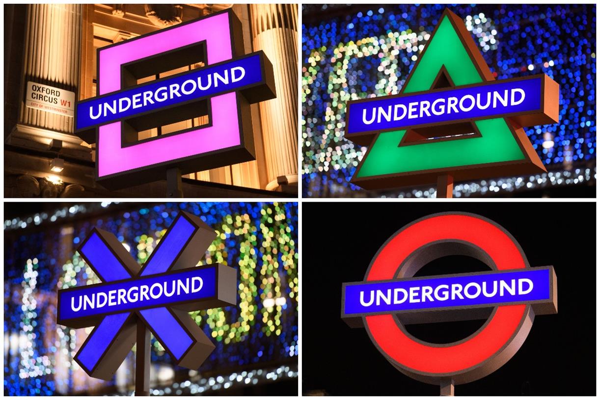 Oxford Circus Underground signs transformed into PlayStation controller symbols for the launch of PlayStation 5