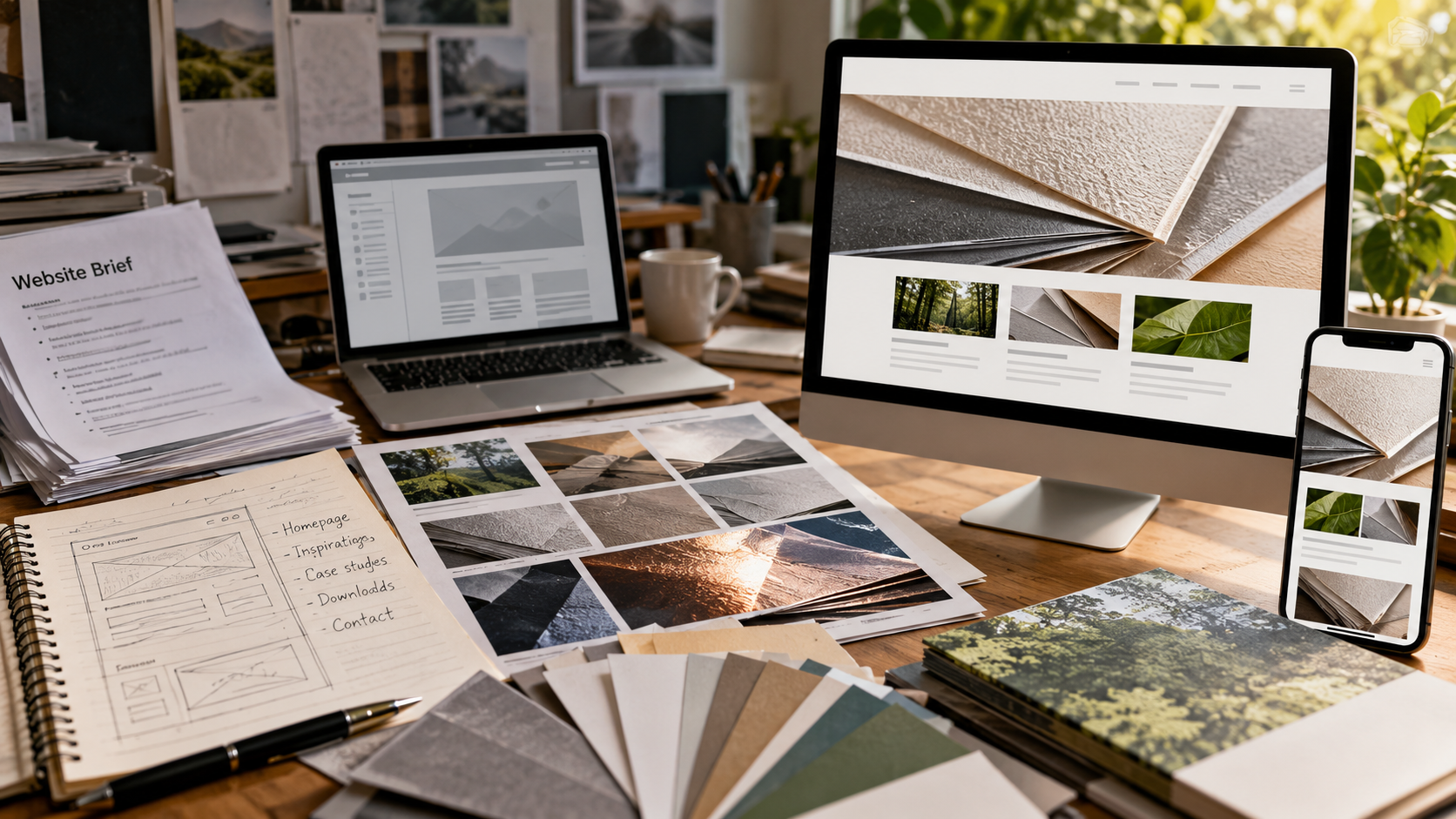 Recycled paper samples, print textures, photography and a website design screen showing how tactile paper qualities were translated into a digital experience