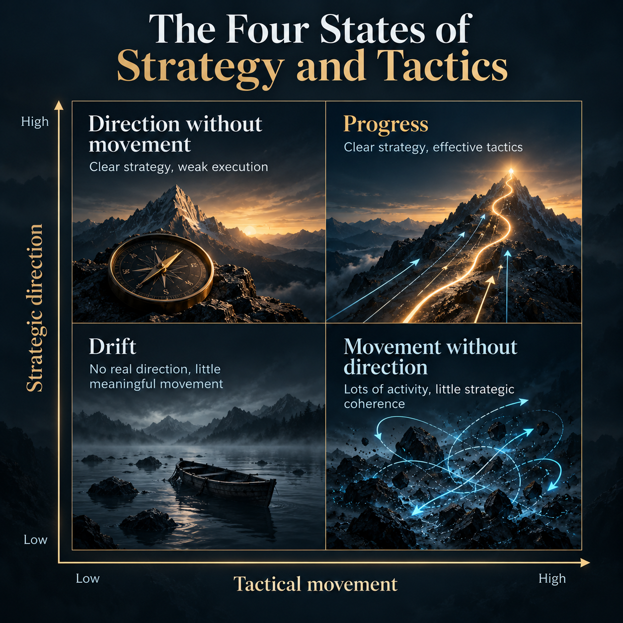 The Four States of Strategy and Tactics framework showing Drift, Direction without Movement, Movement without Direction and Progress