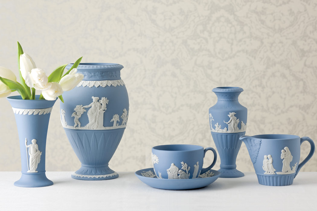 Examples of blue and white Wedgwood pottery